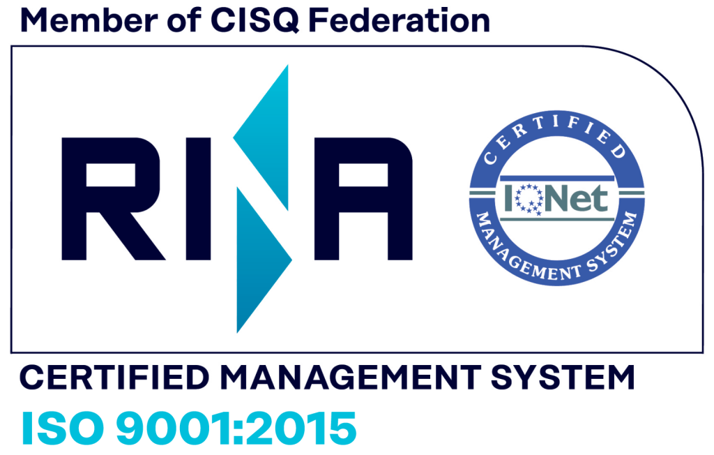 azienda quadri elettrici secsun certificato rina iso 9001 di colore celeste nero e bianco