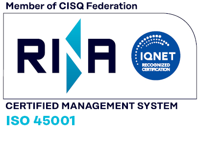 azienda quadri elettrici secsun certificato rina iso 45001 di colore celeste nero e bianco